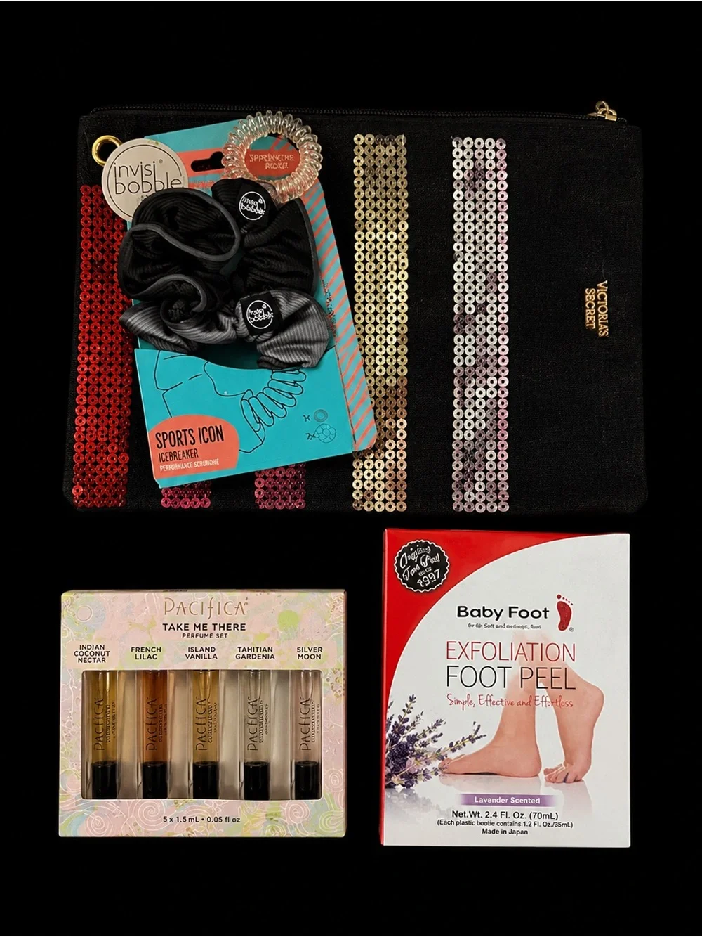 Victoria's Secret Black Sequin Zip Pouch with Hair Accessories